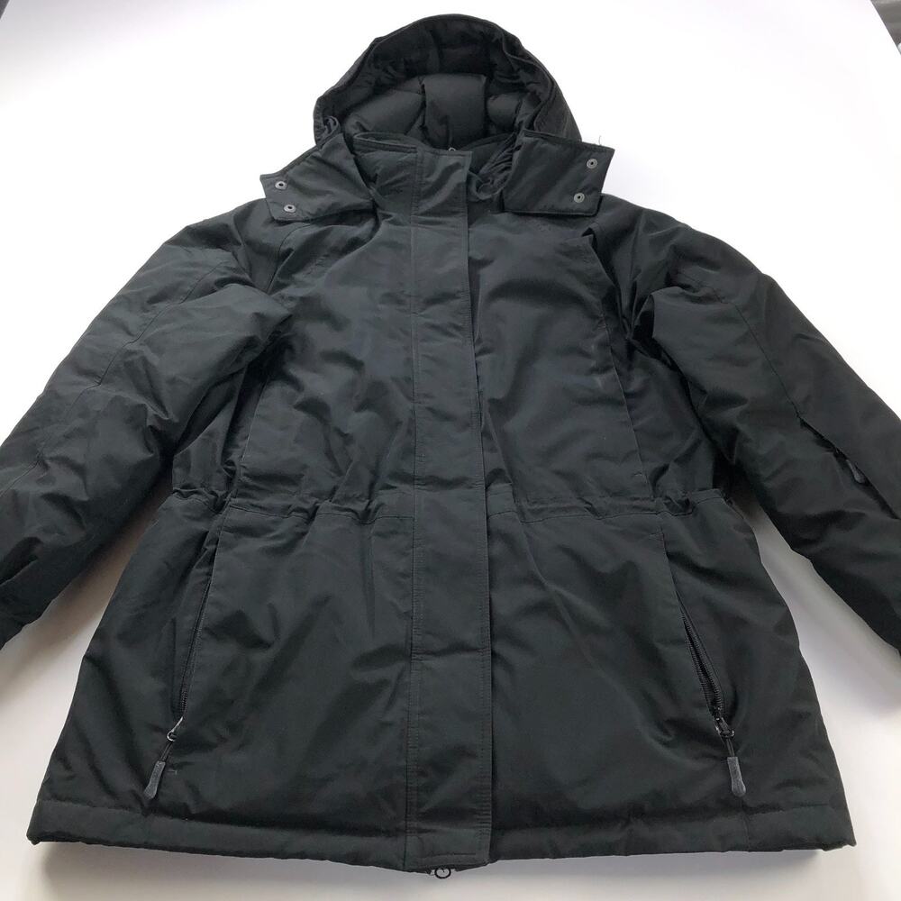 Eddie Bauer Premium Goose Down Women LG Zip Quilted Hooded Jacket Black PLS READ